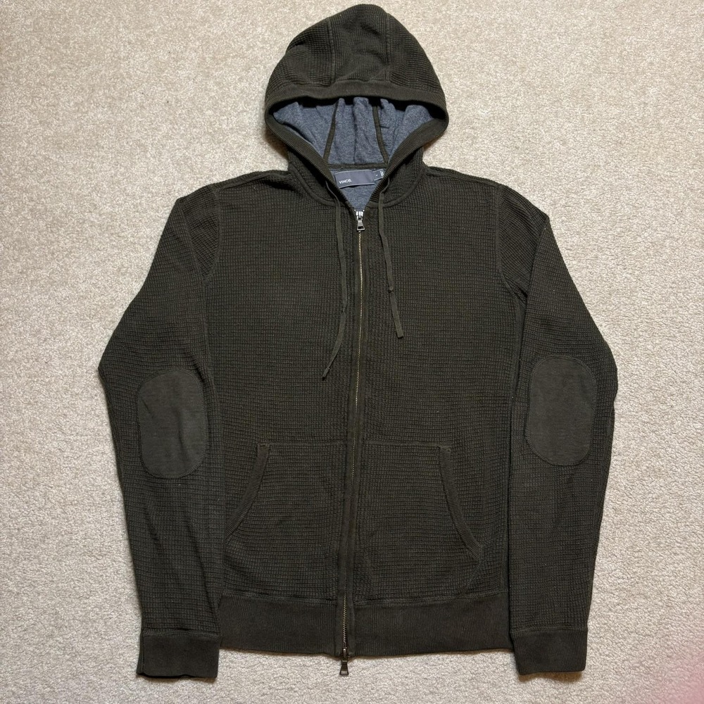 Vince Hoodie Sweatshirt Mens Large Green Waffle Knit Full Zip Elbow Patches